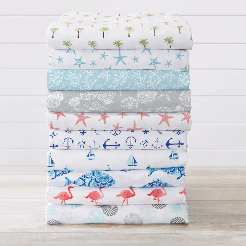 Great Bay Home Printed Coastal Microfiber Bed Sheets. Wrinkle Free, Deep Pockets, Beach Theme Sheet Set. Newport Collection (Full, Starfish - Blue)