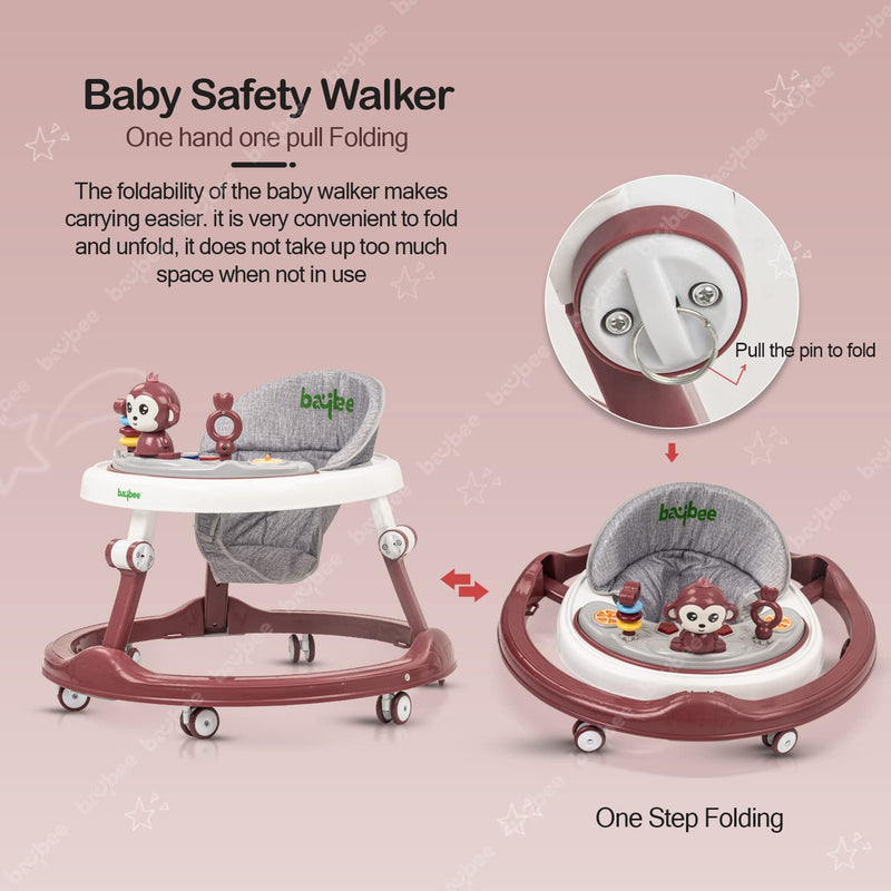 Baybee Drono Baby Walker for Kids, Round Kids Walker with 4 Seat Height Adjustable | Foldable Activity Walker for Baby with Food Tray & Musical Toy Bar | Walker Baby 6-18 Months Boys Girls (Red)