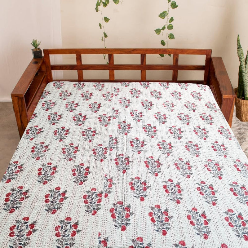 THE CURIO STREET Jaipuri Kantha Bedcover I Pure & Premium Cotton I Handcrafted Bedsheet I 90x108 Inches (King Size - Double Bed) I Off White Base with Red Florals