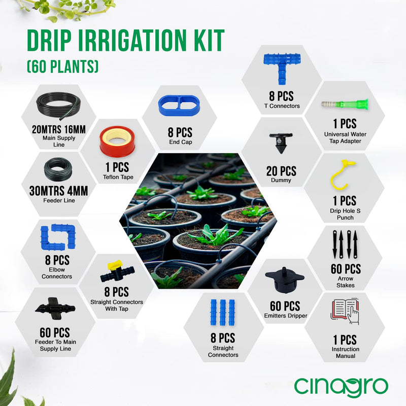 Cinagro Plants Drip Irrigation Kit | Watering Kit for Home Garden, Farming & Agriculture Purposes (60 Plants Kit)