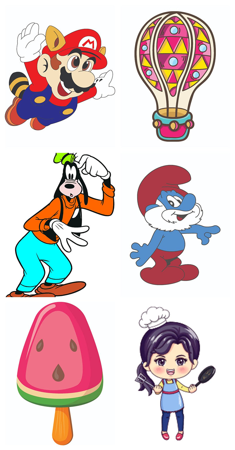 Bhai Please Super Mario, Parachute, Goofy, Smurf, Watermelon Icecream and Female Chef Wooden Fridge Magnet (Pack of 6 pcs, one pc Each Design)