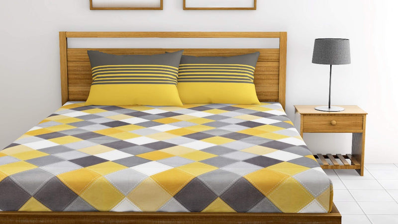 LORETO – A QUALITY LINEN BRAND 144 TC Cotton King Bedsheet with 2 Pillow Covers - Yellow & Grey, Checkered