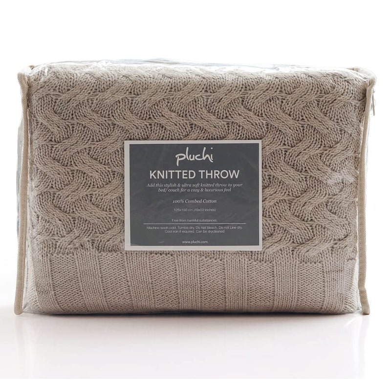 Pluchi Criss Cross Cotton Knitted All Season AC Throw Blanket in Light Beige Color (125 cm x 150 cm)