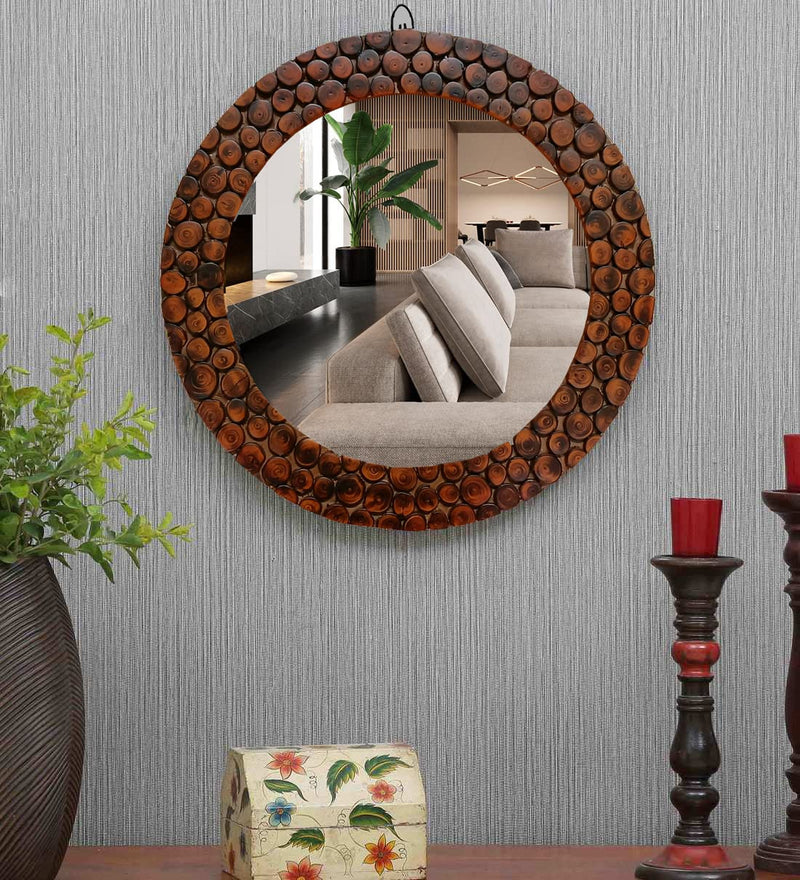 Homedeco Handmade Wooden Antique Frame Round Wall-Mounted Mirror, Mirror for Bathroom, Living Room, Wall Basin, Study Room, Office, Brown (18x18 Inch), Framed