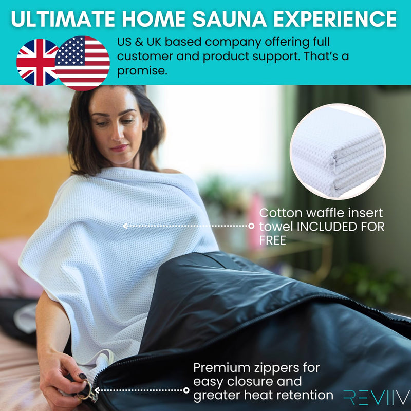 REVIIV Far Infrared Sauna Blanket with Bonus Cotton Insert Towel & Sauna Bag - V3.0 Major Upgrades! Premium Portable Sauna Blanket for Detox- Infrared Saunas for Home 85-185℉, 6 ft x 3 ft