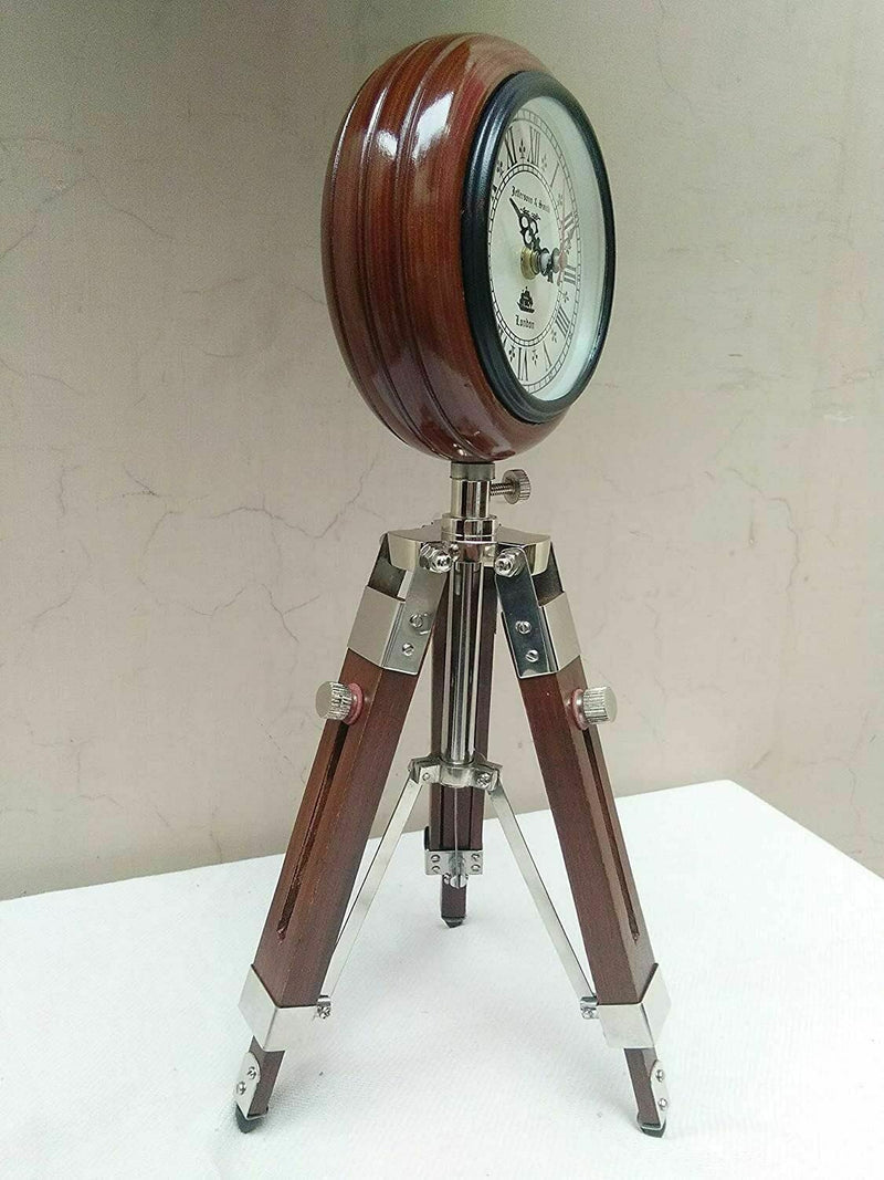 ALI NAUTICAL Antique Wooden Table Top Clock Desk Clock with Wooden Tripod Stand Table Clock Home & Office Studio Living Room Decoration Gift Item