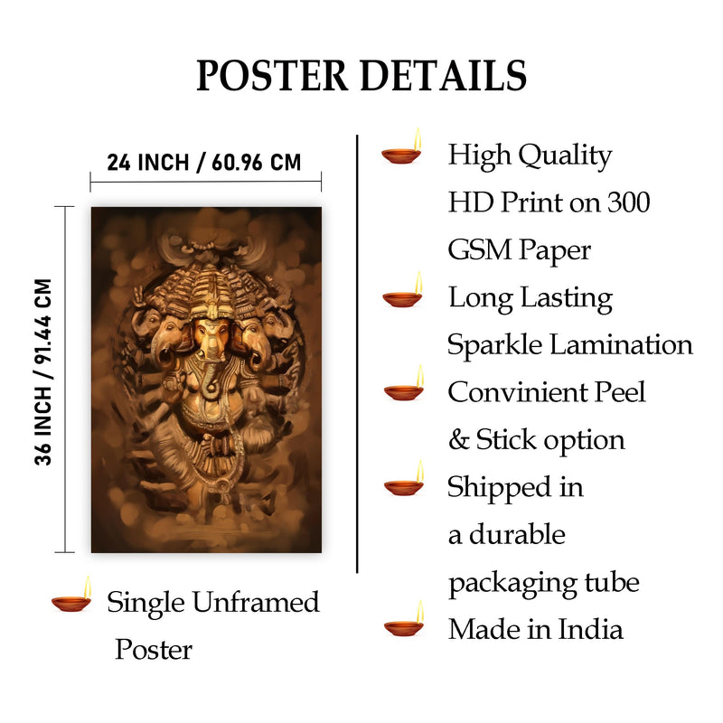 Indianara Rolled Sparkled Lord Ganesha Art Print for Room Décor Digital Reprint 36 inch x 24 inch Painting (10714PST)