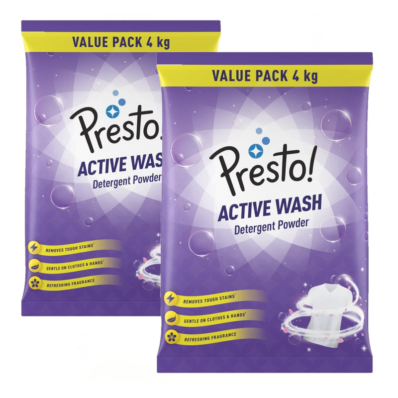 Amazon Brand - Presto! Active Wash Detergent Powder Twin Pack (4 kg + 4 Kg) |Tough on Stains | Gentle on Fabrics | Colour-Safe | Refreshing Fragrance | Machine and Hand Wash