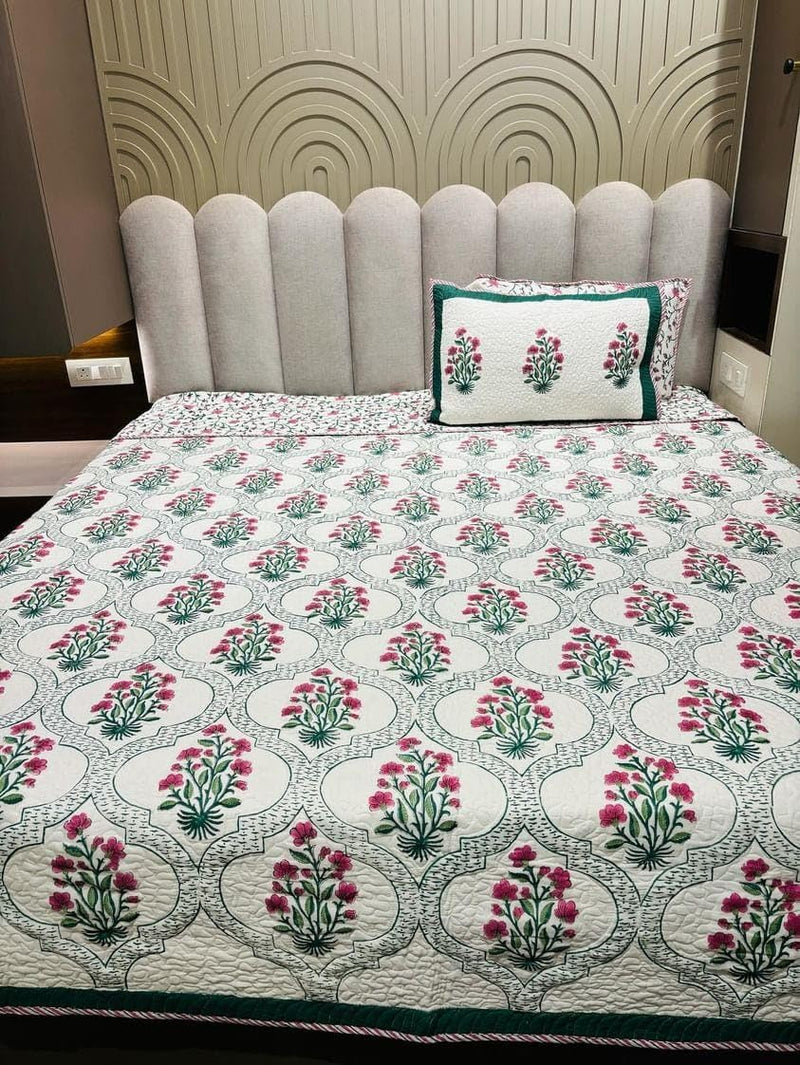 Bella Contemporary Premium 100% Cotton King Size 108 * 108 Hand Block Cotton Bedsheet with 2 Pillow Cover 28 * 18 | Floral Printed Bedsheet for Bedroom, Home, Hotels