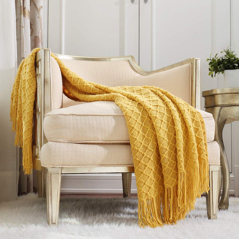 CREVENT Knitted Decorative Throw Blanket for Couch Sofa Chair Bed，Soft Warm Cozy Light Weight for Spring Summer (50''X60'' Yellow) …