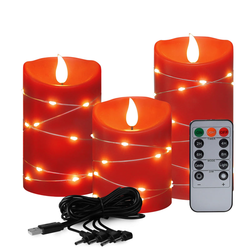 Xinhidar Flameless Candle Rechargeable 3-Piece Set with Embedded Light String LED Candle USB Charging Candle 11 Key Remote Control Electronic Candle 24-Hour Timer Function Flashing Flame Candle (red)