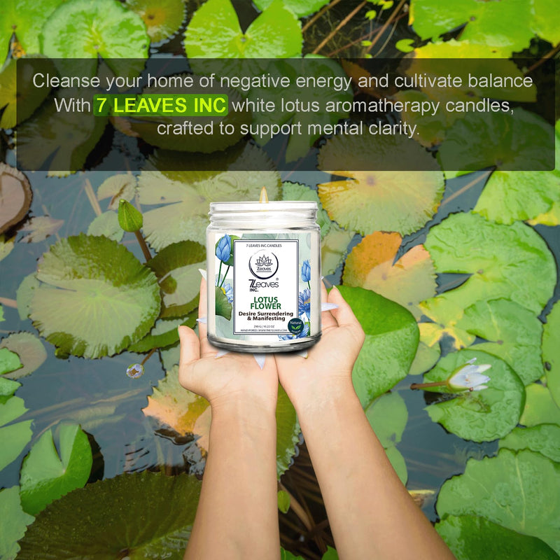 7LEAVES INC® White Lotus Flower Aromatherapy Candle for Intuition Enhancement and Mental Clarity, Banishes Negative Energy - Natural Soy Wax Glass Jar Candle for Aromatherapy 10.2 Oz