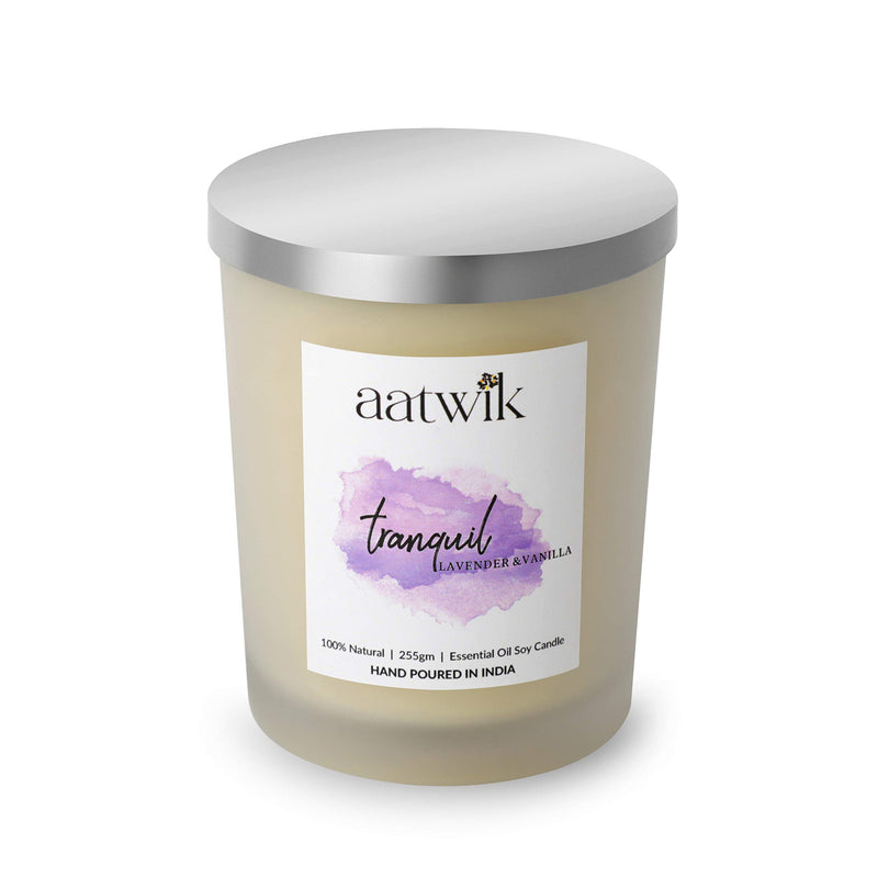 Aatwik Tranquil Aroma Soy Wax Candle Lavender and Vanilla Essential Oils | Home Decoration|Birthday | Indoor| Outdoor | 255gm