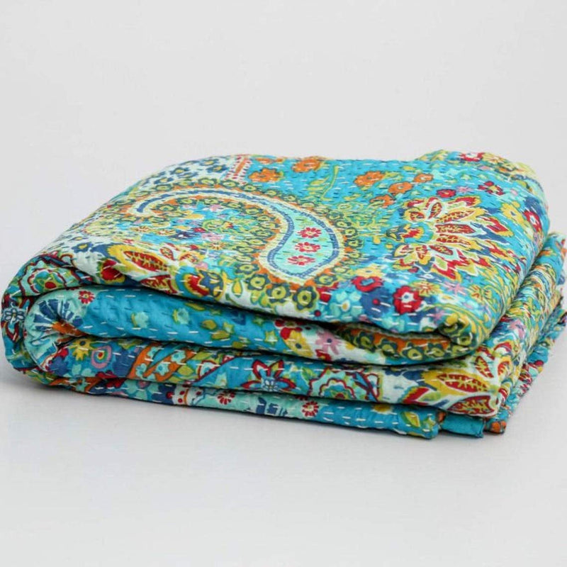 TI AMO Handmade Multi Color Printed Kantha Quilt 90x108 Inch Kantha Coverlet Throw Kantha Gudari