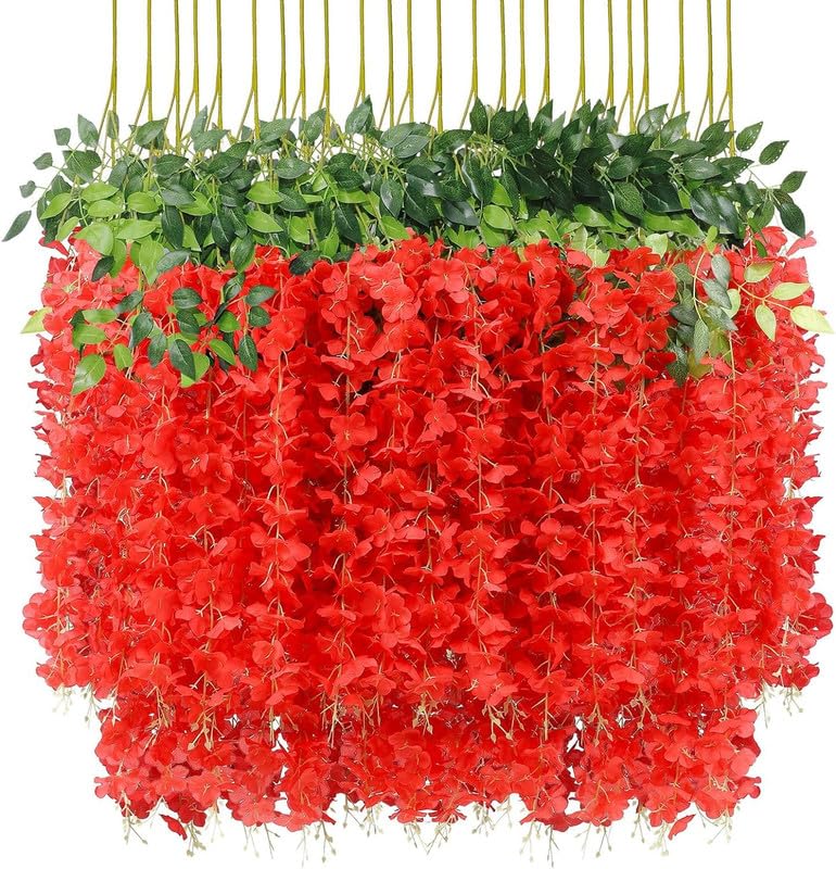 Daissy Raise Pack of 12 Wisteria Artificial Flowers Garland Red Long Hanging Silk Bush Flowers String for Wall, Wedding, Garden, Diwali, Pooja Decorations etc.