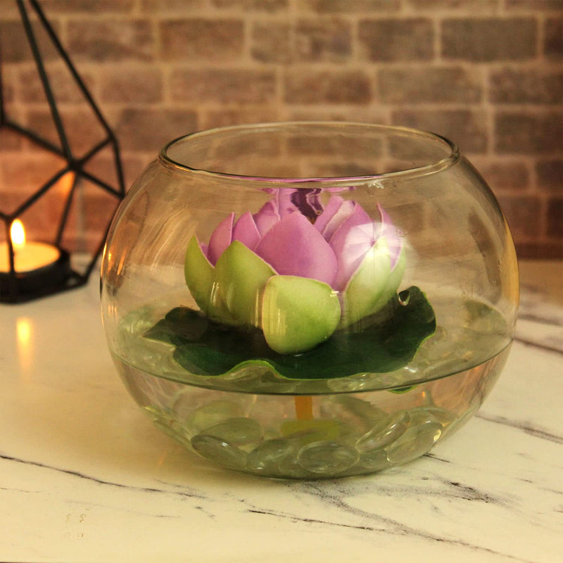 Tied Ribbons Glass Round Vessel with Faux Lotus and Natural Stones (12.49 cm x 12.49 cm x 12.49 cm), Multicolour