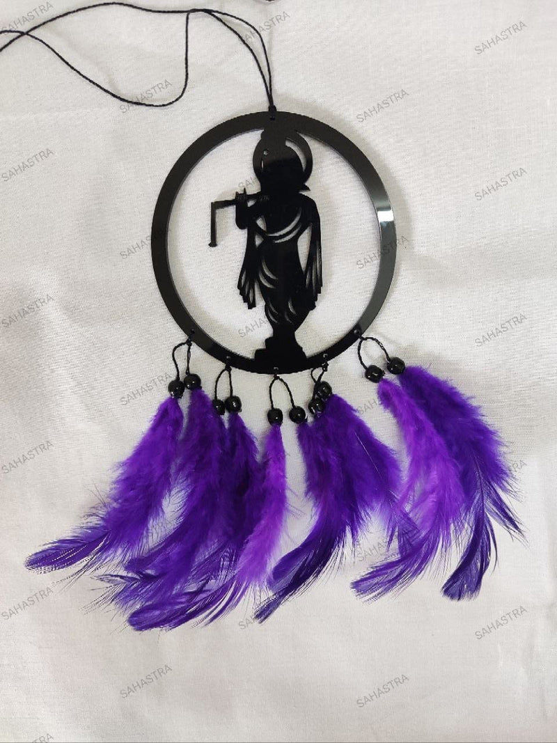 SAHASTRA Dream Catcher Hand Made for Positive Vibes, Wall Decor and car Hanging Made with Acrylic Material of Feathers (Round Krishna)