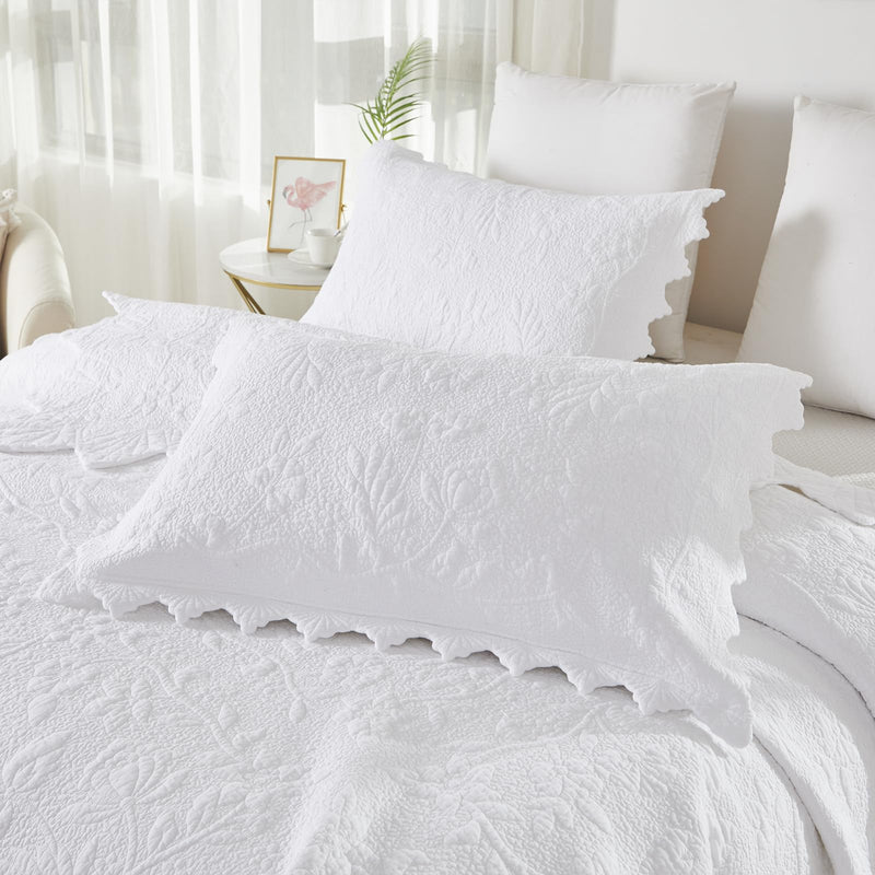 Brandream White Quilt Set King Size Quilt Bedding Set Cotton Luxury Matelasse Coverlet Set Farmhouse Bedding Set Scalloped Queen Bedspreads 3-Piece