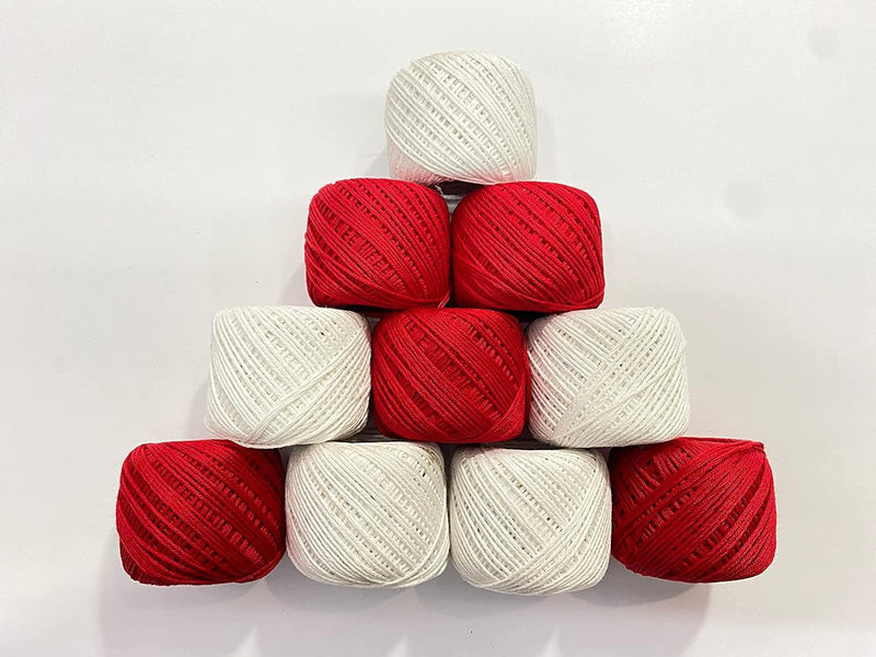 SONIQE Pack of 10 Roll Crochet Cotton Thread Yarn for Knitting and Craft Making Combo.Crochet Cotton Thread Yarn for Knitting and Craft Making (RED and Off White)