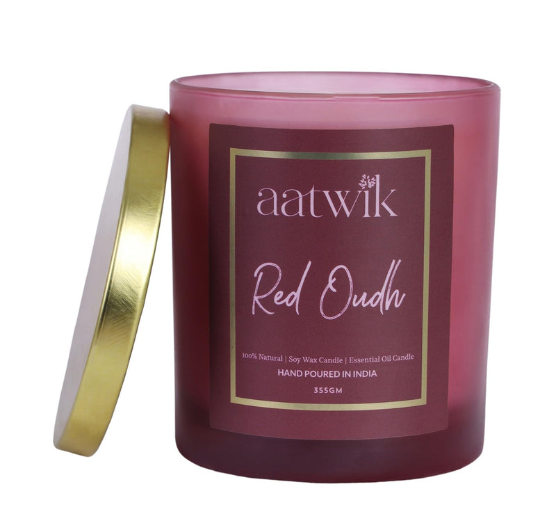 Aatwik Red Oudh Scented Soy Wax Candle with Upto 70 Hr Burn Time Rose and Oudh Essential Oils Fragrance Jar Candle (350 gm)