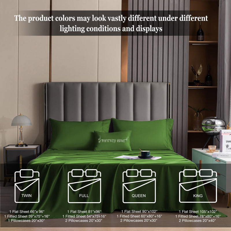 Green King Size Sheet Set 4 Piece Hotel Luxury Bamboo Bed Sheets Soft Breathable Lightweight Fitted Sheet 16" Extra Deep Pocket Pure Cooling Bamboo Sheets Wrinkle Free Durable 105" x 102" Flat Sheets