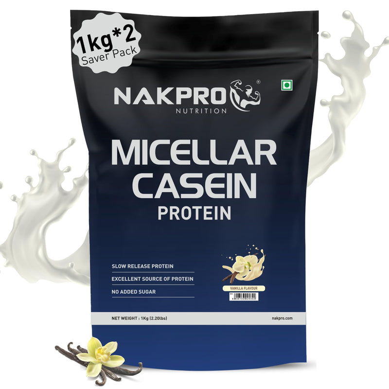 NAKPRO 100% Micellar Casein Protein Supplement |25g Protein, 9.91g EAAs, 4.83g BCAAs| Slow Absorbing Micellar Casein Protein Powder (Vanilla, 2 Kg)