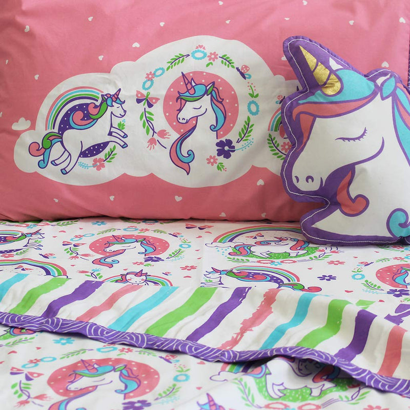 Silverlinen Unicorn and Rainbows Bundle of Joy Cotton Double Bedsheet, Blanket and Cushion (Multicolour)