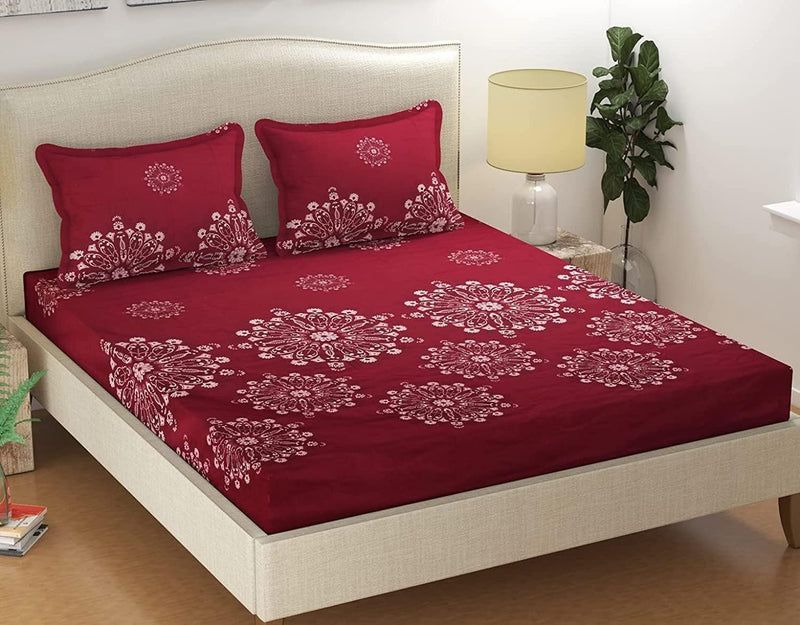 VOMZER - Home 300TC Elastic Fitted Double Bed Cotton Bedsheets with 2 Pillow Covers - King Size 78" x 72" (Damask Maroon)