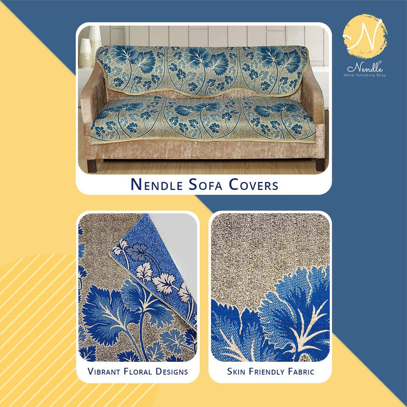 Nendle Poly Cotton, Jacquard Sofa Cover Set Of 3+2, Blue