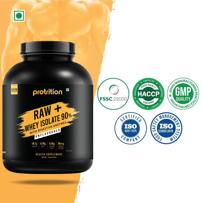 Protrition Raw+ Whey Protein Isolate Powder 90% | Unflavoured - 2kg (60 Servings)| 29.7g Protein, 6.78g BCAA per SCOOP | Added Digestive Enzymes | Muscle Growth, Strength And Recovery