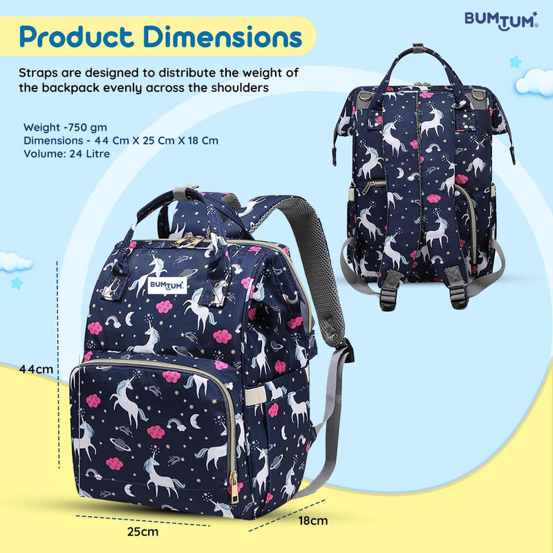 Bumtum Baby Diaper Bag for Mothers | Spacious Waterproof Backpack with Multiple Pockets to Easily Organise Baby Essentials, Various Sized Pockets (Unicon Print, Navy Blue)