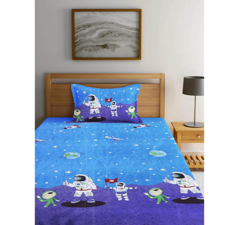 Tript Elastic Fitted Glace Cotton Single Bed (72x48 inches Upto 6 Inches) bedsheet with 1 Pillow Cover - 200TC ( 4Feet by 6 Feet)Astronaut