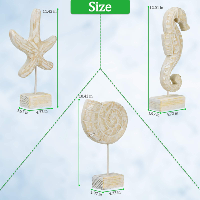 Creproly 3Pcs Modern Wood Sculpture Home Decor Statue Starfish Conch Seahorse Figurines Beach Nautical Style Table Sculptures Home Decor