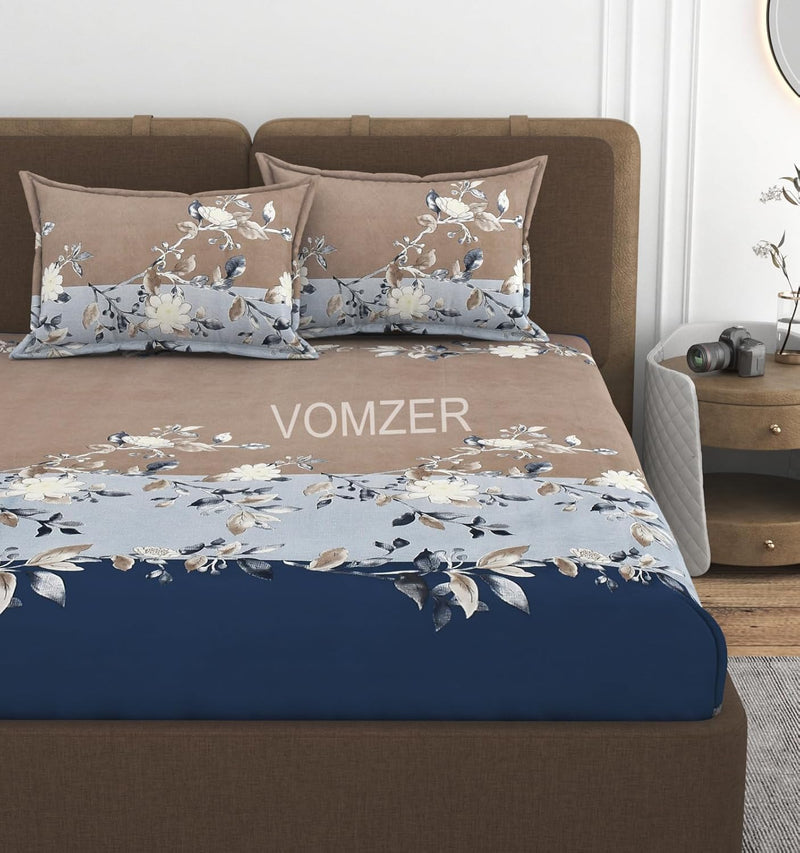 VOMZER Cotton Feel Glace Cotton Elastic Fitted Printed King Size Double Bed Bedsheet with 2 Pillow Coverm Fits Upto 8 inches Mattress,Size- 72x78x10 Inches Blue