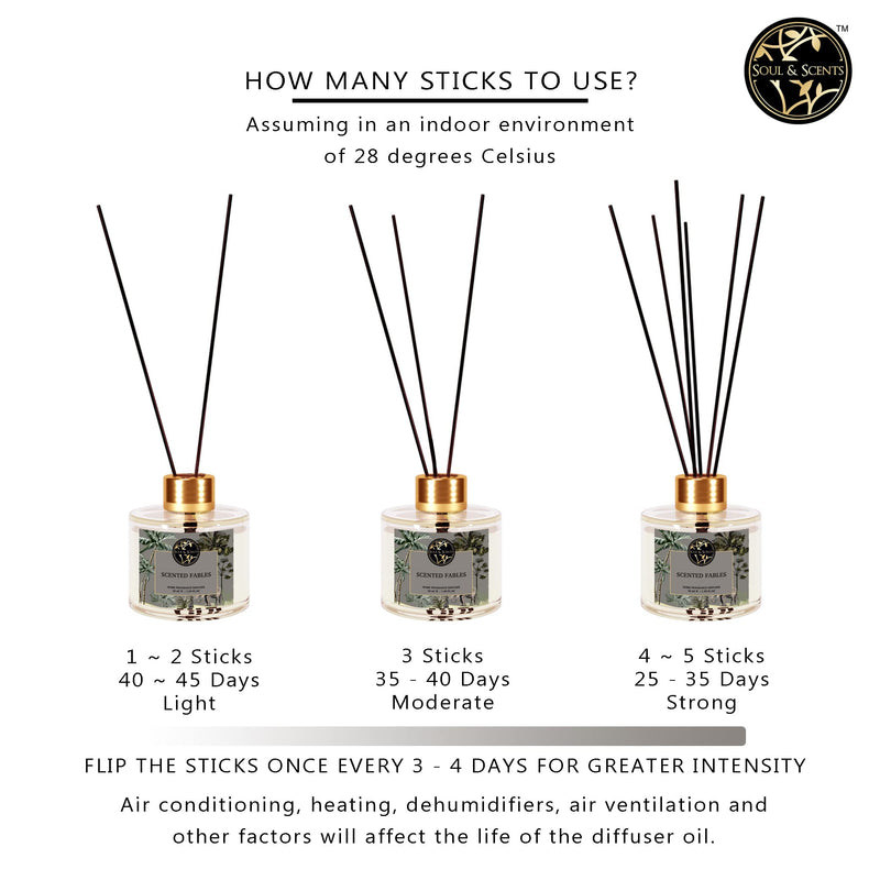 Soul & Scents Scented Fables Reed Diffuser Set | Fragrance of Oud, Patchouli & Amber | Get 5 Rattan Reed Sticks | Smoke Less Room Freshener for Home, Bedroom, Living Room & Office | 50ml