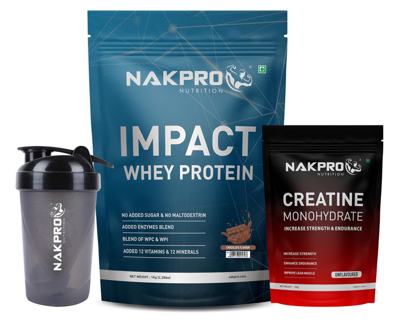 NAKPRO Impact Whey Protein Supplement Powder (1 Kg, Chocolate) with Creatine Monohydrate (100g, Unflavoured) and Shaker Bottle (500ml) - Combo