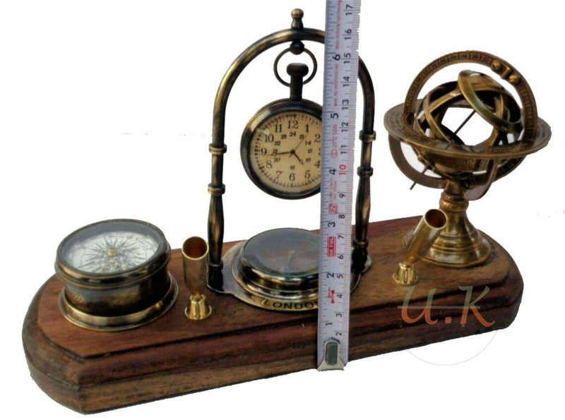 M.A & SONS Antique Brass Table top Clock with Pen Holder Compass and Armillary Sphere