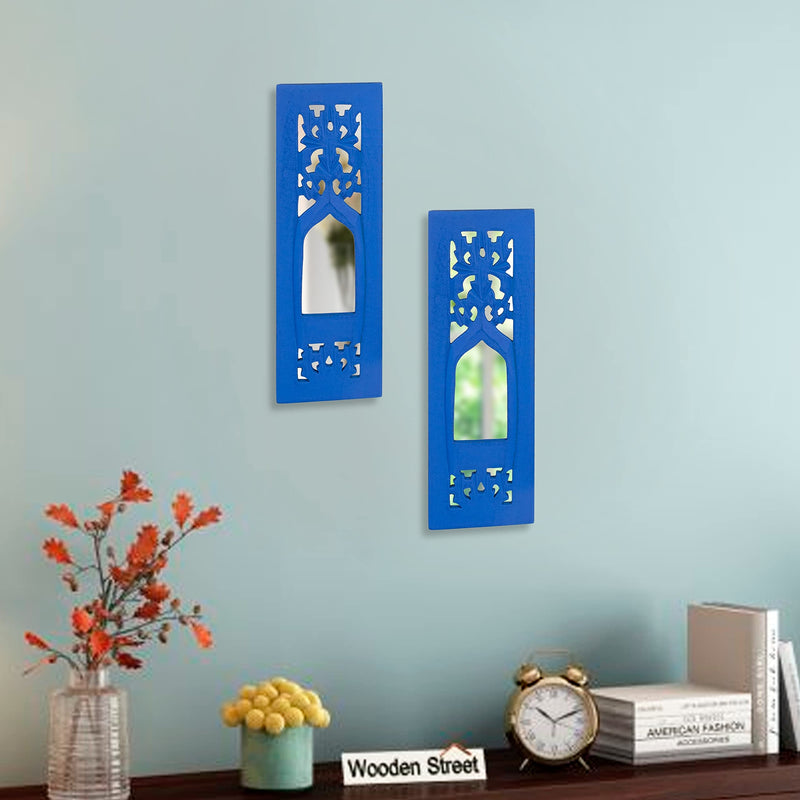 WHF Wood Painted Wall Hanging Jharokha Inside Mirror, Wooden Wall Hanging, Wooden Wall Panel (Blue) (11.5 Cm, Set of Two, Framed, Rectangular)