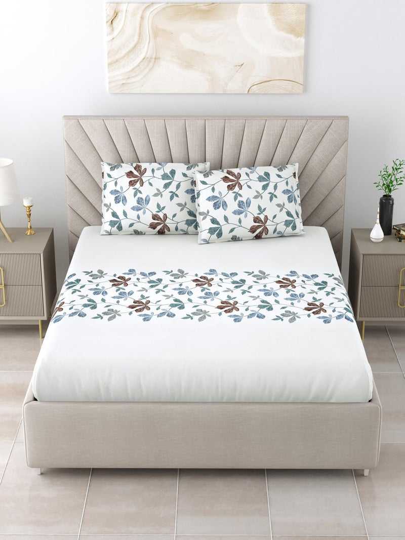 Salona Bichona White & Sky Blue Floral Printed Cotton 300 Tc King Size Bedsheet with 2 Pillow Covers