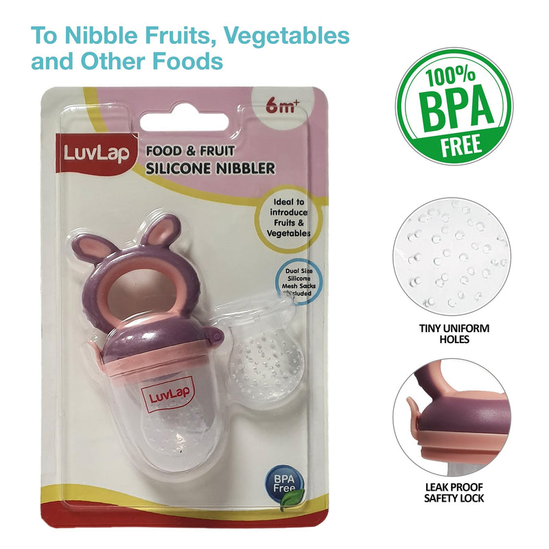 LuvLap Silicone Food/Fruit Nibbler with Extra Mesh, Soft Pacifier/Feeder, Teether for Baby, Infant, Bunny Violet & Pink