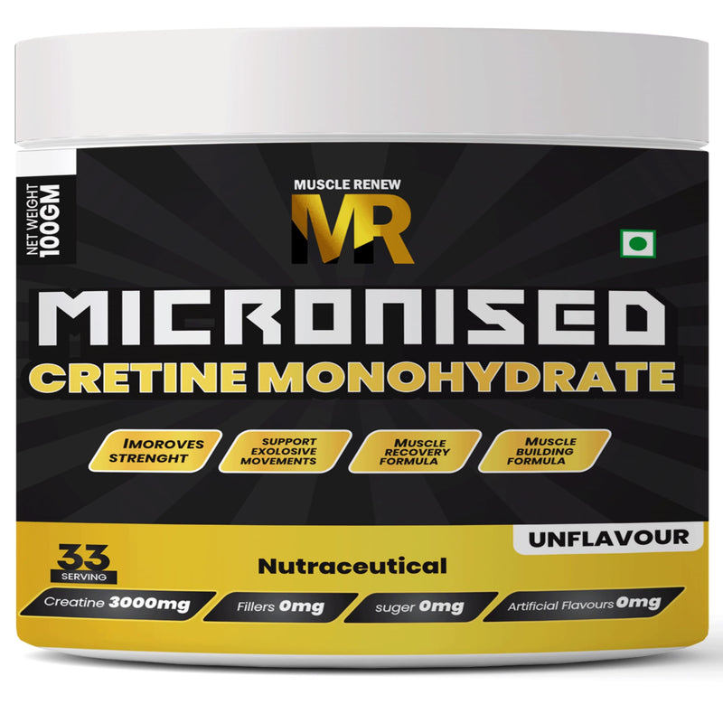 Muscle Renew Micronized Creatine Monohydrate Unflavoured (100gm 33 Serving) With Muscle Recovery Formula | Instantized | Fuels Muscles | Increase Muscle Mass | Rapid Absorption | FSSAI APPROVED