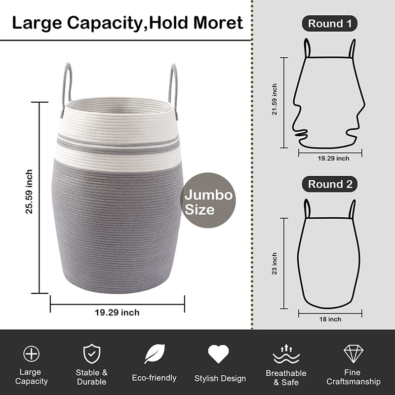 ☆LBY® ute Laundry Hamper Woven Rope Large Clothes Hamper 25.6" Height Tall Laundry Basket with Extended Handles for Storage Clothes Toys in Bedroom, Bathroom, Foldable (White Gray)