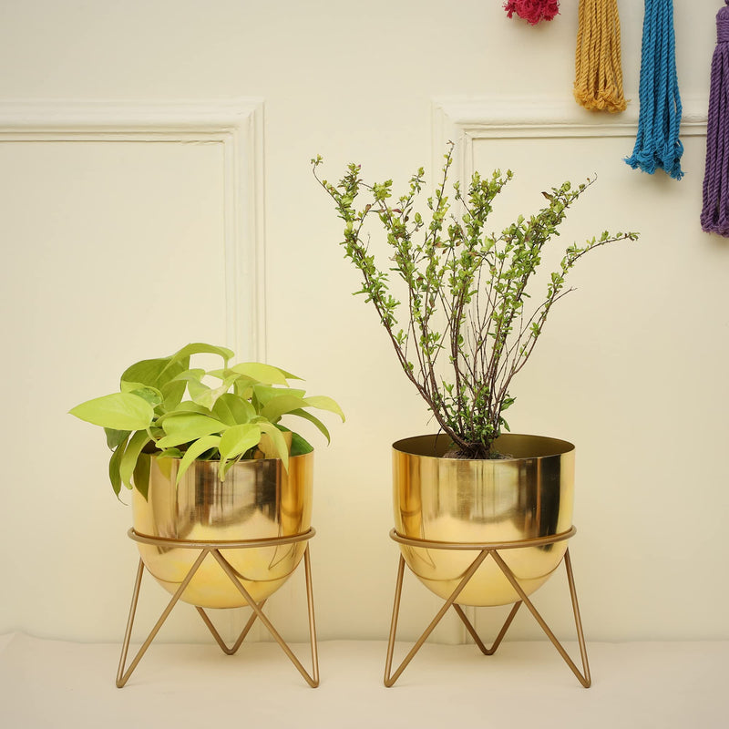 HomeShastra® Premium Gold Pot Metal Planters with Stand | Pack of 2 | 8 Inch (Height) by 6 inch (Dia) | Planter for Living Room and Bedroom Interior Design | Best Decor Gift