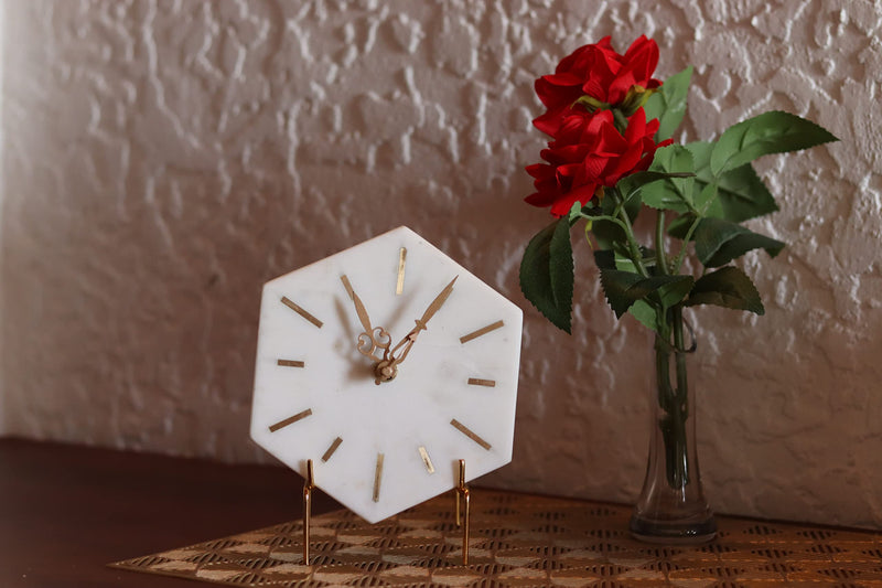 MARMEX Brand || Marble Brass Table Clock | Hexagon Shape II