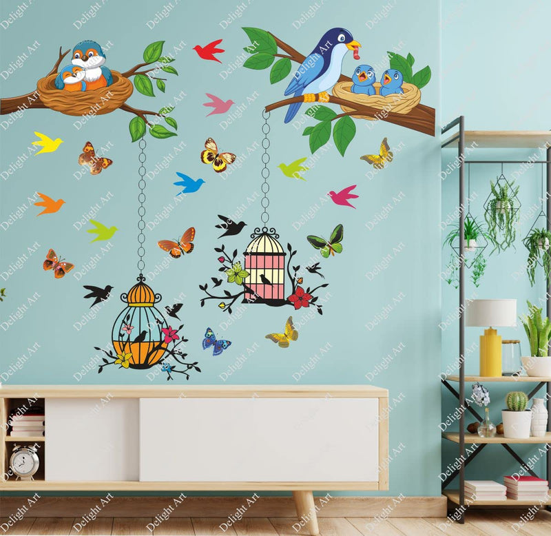 Delight Art Beautiful Butterfly-Birds-Tree-Hanging Cages Design Wall Sticker Size - (96 * 79) cm Model id - (DAMC01049L)