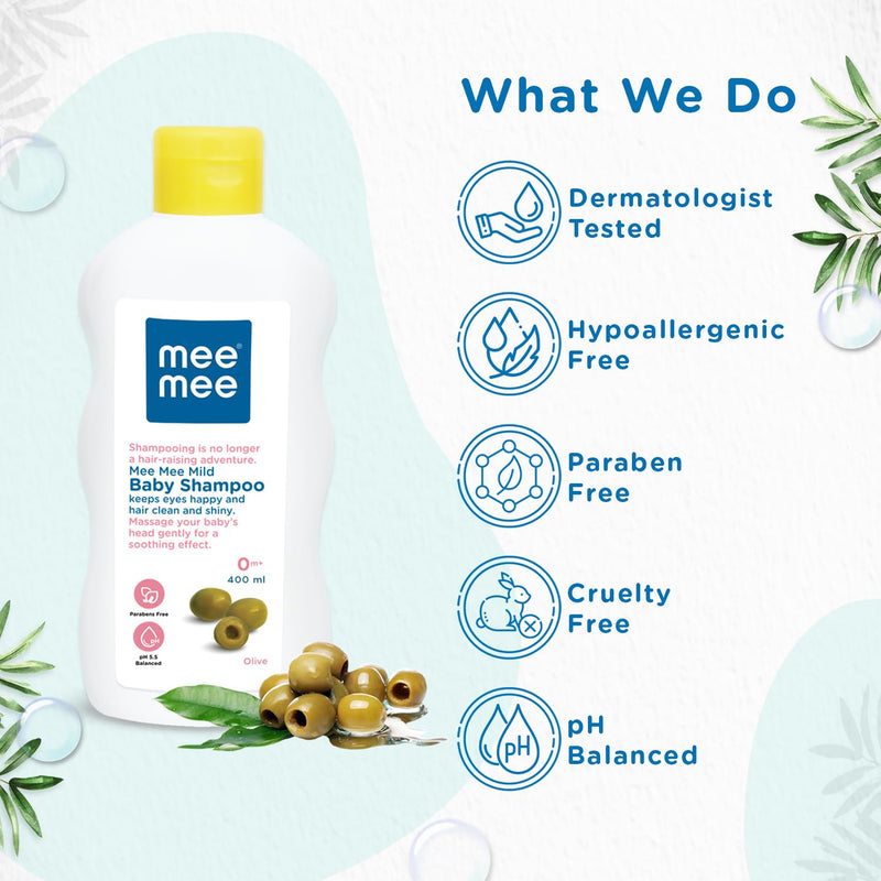 Mee Mee Mild Baby Shampoo 400 ml | Mild & Gentle| Tear-Free Formula, Enriched with Olive Extracts, Nurturing for Infant Hair - From Birth Onwards, Dermatologist-Approved