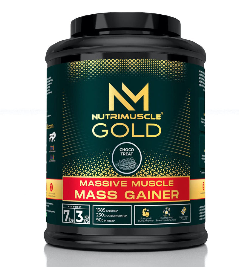 Nutrimuscle Massive Gold Muscle Mass Gainer - 7 Lbs - 3.175 Kgs Choco Treat | Weight Gainer | Contains Complex Carbohydrates, Bcaa, Digestive Enzymes & Essential Vitamins & Minerals | Made in India