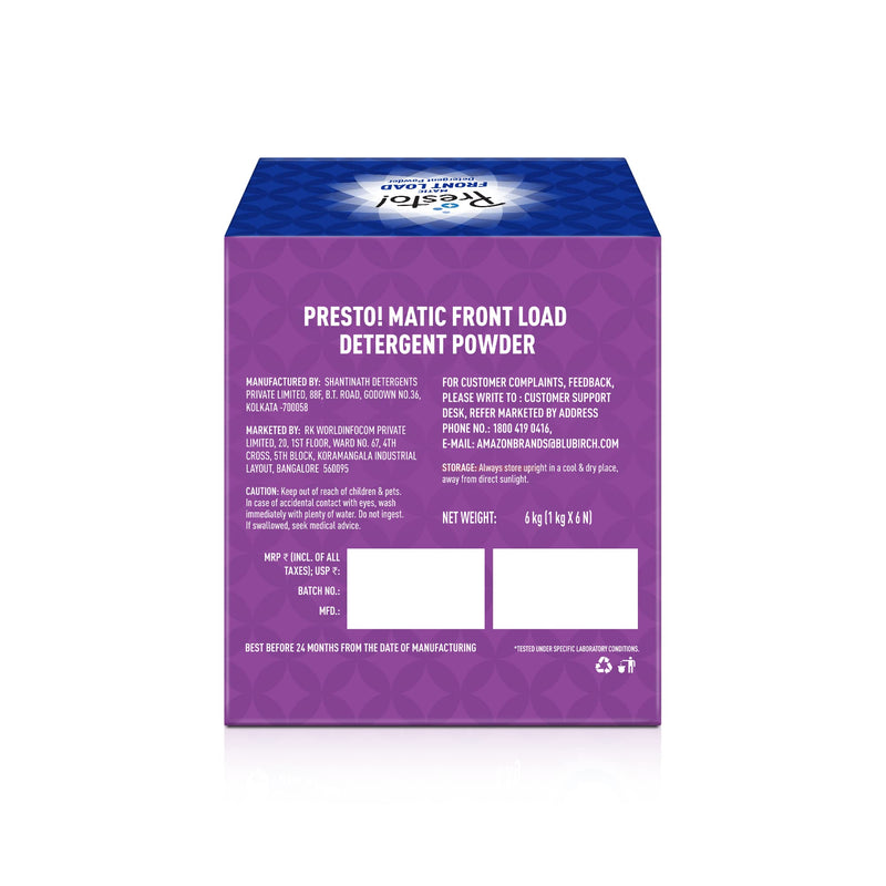 Amazon Brand - Presto! Matic Front Load Detergent Powder - 6 kg ||1kg X 6 packs | Tough on Stains | Safe and Gentle on Fabrics | Refreshing Floral Fragrance |Bleach-free and Phosphate-free