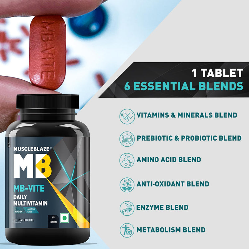 MuscleBlaze MB-Vite Daily Multivitamin with 51 Ingredients & 6 Blends, Vitamins & Minerals, Prebiotic & Probiotics, Amino Acid Blends, for Energy, Stamina & Recovery, 60 Multivitamin Tablets