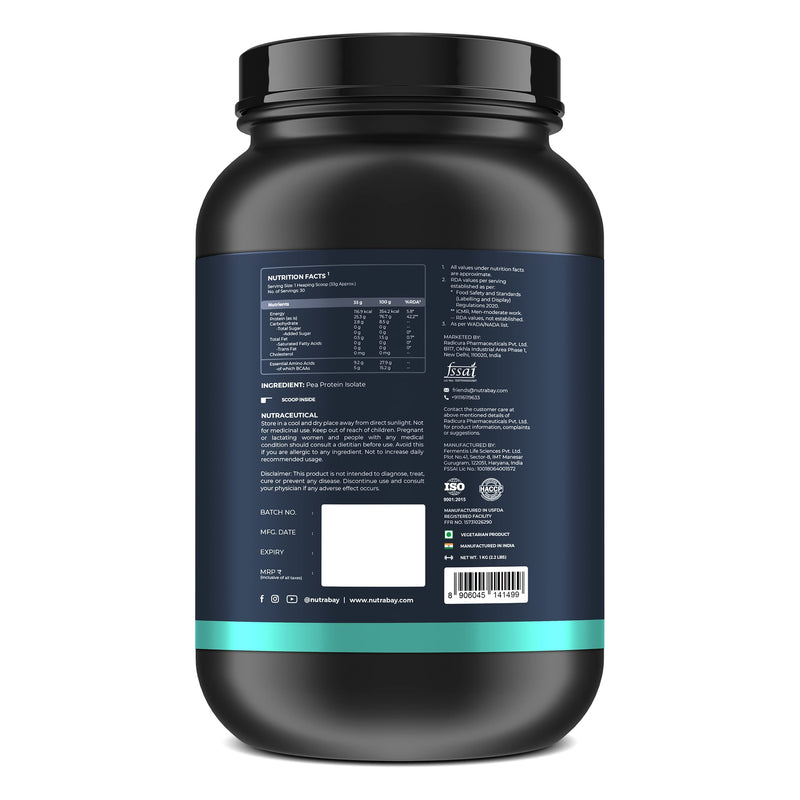 Nutrabay Pure Pea Protein Isolate - 25.3g Protein, 5g BCAA Vegan Plant Protein for Muscle Growth & Recovery - 1 Kg Unflavoured